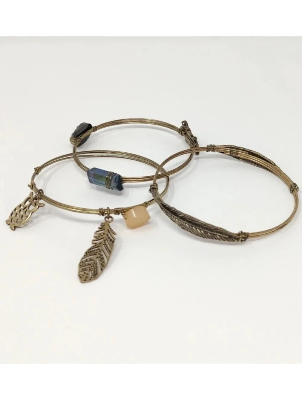 Boho Bangles Set of 3 Gold Bronze Tone Bracelets Wire Wrap Charms Feathers Owls